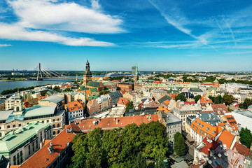 Fototapeta na wymiar aerial view over Riga old town to the river Daugava. Latvia