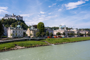 Diferents views of Salzburg skyline with Festung Hohensalzburg and Salzach river in summer, Salzburg, Salzburger Land, Austria