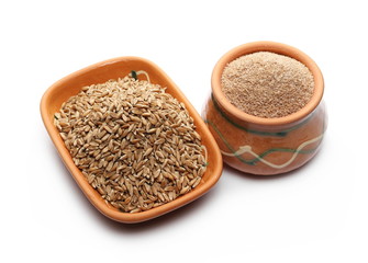 Spelt bran, grains and powder in clay pot isolated on white background