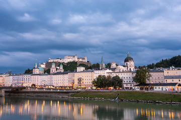 Diferents views of Salzburg skyline with Festung Hohensalzburg and Salzach river in summer, Salzburg, Salzburger Land, Austria