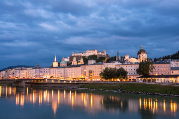 Diferents views of Salzburg skyline with Festung Hohensalzburg and Salzach river in summer, Salzburg, Salzburger Land, Austria