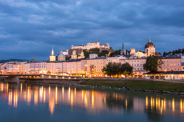Diferents views of Salzburg skyline with Festung Hohensalzburg and Salzach river in summer, Salzburg, Salzburger Land, Austria