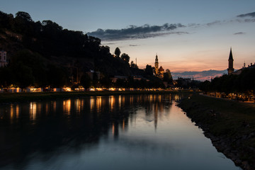 Fototapeta premium Diferents views of Salzburg skyline with Festung Hohensalzburg and Salzach river in summer, Salzburg, Salzburger Land, Austria