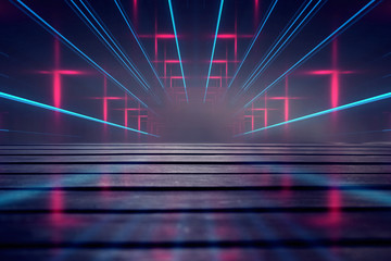 Background of empty dark scene with wooden old floor. Neon light smoke. Dark abstract background