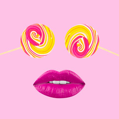 Colored Lollipop with pink lips оn a light pink background. Summer art collage.