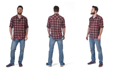 front, back and  profile with a man with  plaid shirt on white background