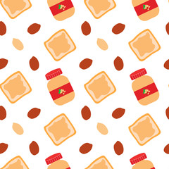 Cute seamless pattern with peanut butter, toast and peanuts on the white background. Vector repeat ornament. Usable for wrapping paper, packaging, posters, banners, cards