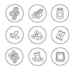 Set of isolated black peanut icons on the white background. Vector objects: peanut butter, nutshells, package, toast, kernels.