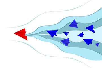 Leadership concept, blue leader plane leading blues. paper art style . vector image
