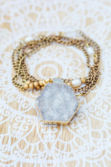 Mineral stone druzy hexagon pendant on brass chain necklace