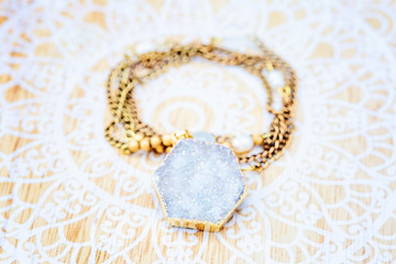 Mineral stone druzy hexagon pendant on brass chain necklace
