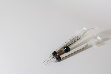 Three syringes which are official devices And close-up photography on a white background