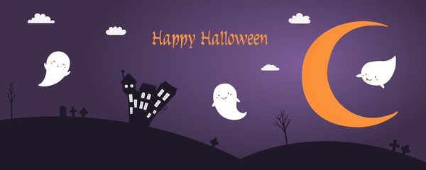 Banner, party invitation, background design with night sky, crescent moon, haunted house, clouds, flying ghosts, text Happy Halloween. Hand drawn vector illustration. Holiday decor concept. Flat style