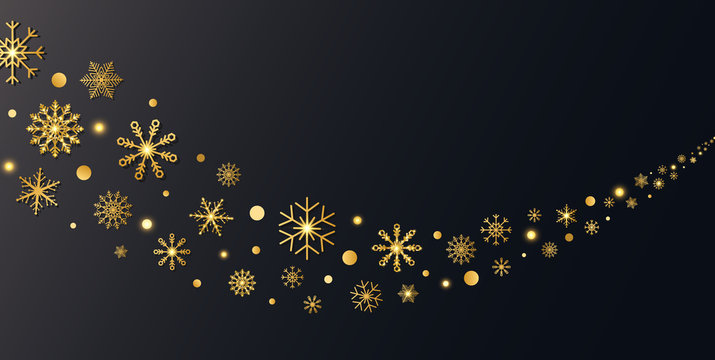 Golden snowflakes border in wave shape. Glitter gold snowflakes and snow with stars on dark background. Merry Christmas and Happy New Year design for card, banner, invitation. Vector illustration