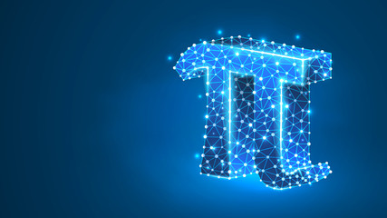 Pi, the letter of a Greek alphabet. Greek numerals, mathematical number eighty concept. Abstract, digital, wireframe, low poly mesh, Raster blue neon 3d illustration. Triangle, line, dot - obrazy, fototapety, plakaty