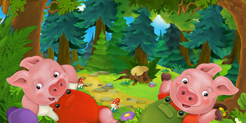Cartoon fairy tale scene with pigs farmers or workers on the meadow in the forest - illustration for children