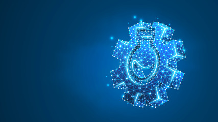 Technology lab flask with gear. Tech lab, chemical laboratory, development model concept. Abstract, digital, wireframe, low poly mesh, Raster blue neon 3d illustration. Triangle, line dot