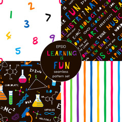 School education and learning cartoon vector seamless pattern set. Multicolor numbers, stripes on white backgrounds pack. Chemistry flasks, creative typography backdrops, wrapping paper flat design