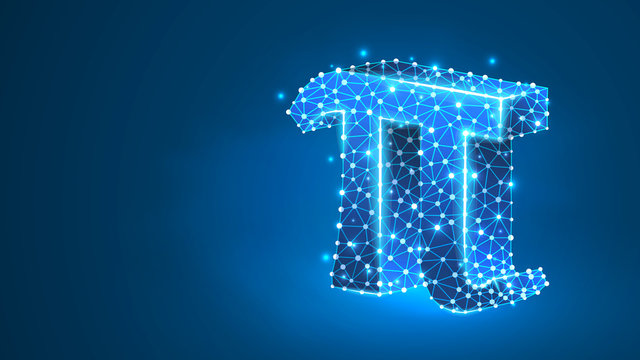 Pi, the letter of a Greek alphabet. Greek numerals, mathematical number eighty concept. Abstract, digital, wireframe, low poly mesh, Raster blue neon 3d illustration. Triangle, line, dot