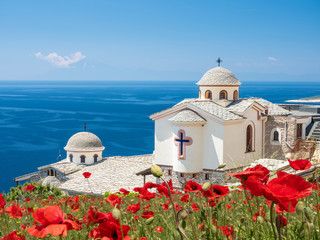 Landscape with Holy Archangels Greek Orthodox Monastery, Thassos, Greece - obrazy, fototapety, plakaty