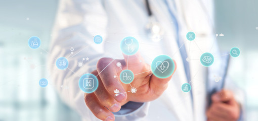 Businessman holding Medical icon and connection 3d rendering