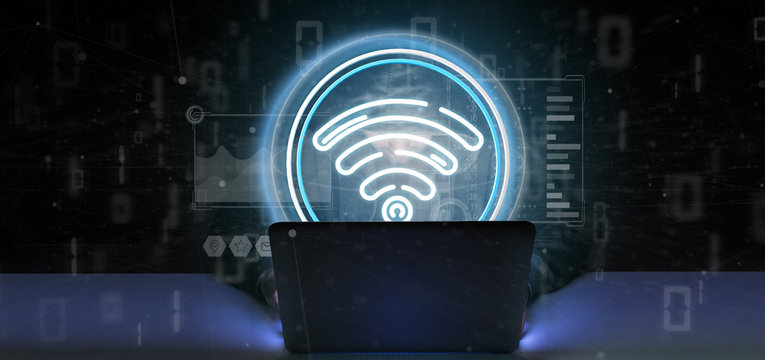 Hacker man holding Wifi icon with stats and binary code 3d rendering