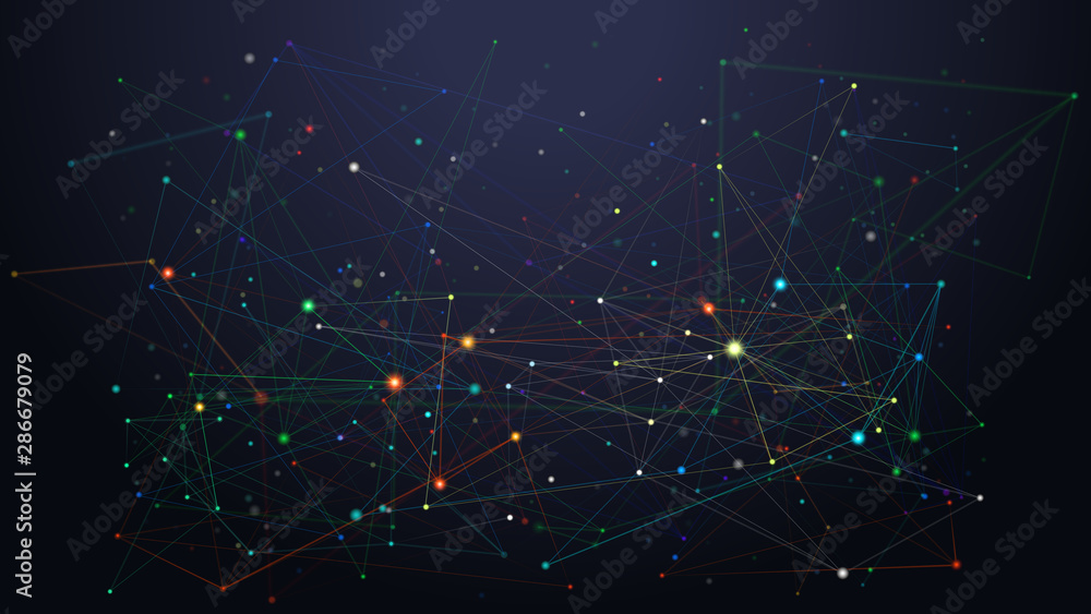 Poster Abstract dark low poly art illustration. 3d polygonal cybernetic particles background. Digital data visualization with connected dots and lines. Networking vector color wireframe mesh backdrop