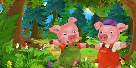 Cartoon fairy tale scene with pigs farmers or workers on the meadow in the forest - illustration for children