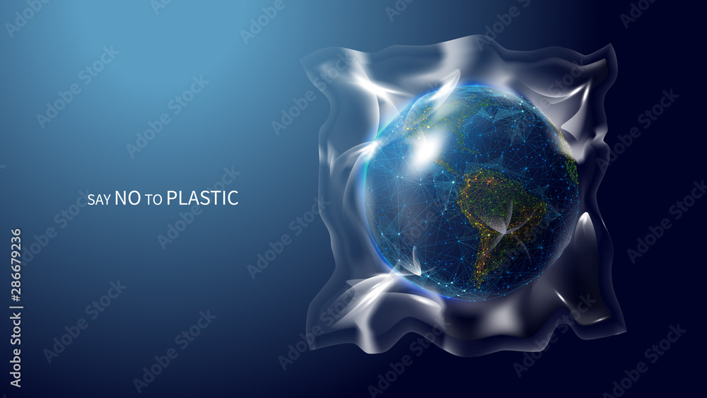 Fototapete say no to plastic low poly banner template. 3d polygonal earth globe. planet covered with plastic co