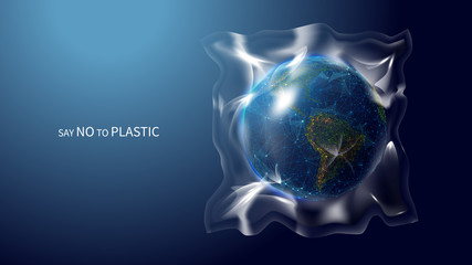 Say no to plastic low poly banner template. 3d polygonal earth globe. Planet covered with plastic concept art with connected dots and lines. Global problem vector color wireframe mesh illustration