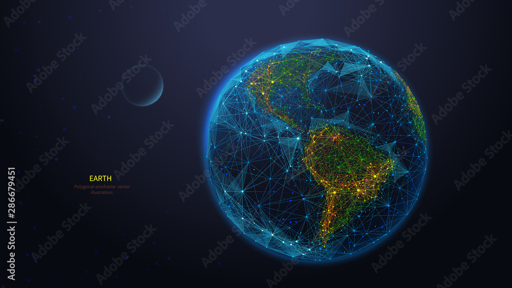 Leinwandbilder Earth globe low poly art illustration. 3d polygonal planet. Outer space concept with connected dots and lines. Cosmos exploring. Solar system body, moon and earth vector color wireframe mesh