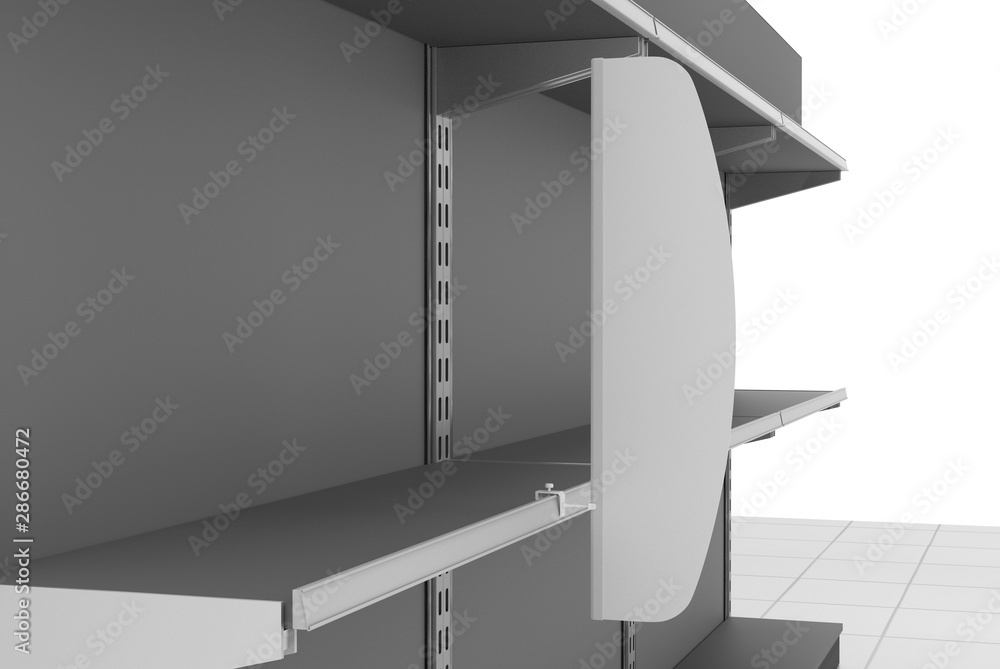 Poster supermarket shelf with blank wobblers or shelf-stopper. 3d rendering