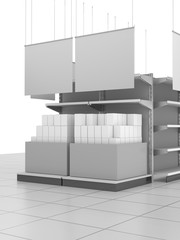 Supermarket Set Of Shelves With Blank Banners. 3D rendering