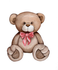 Cute watercolor hand drawn teddy bear sitting with red bow.