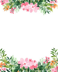 Watercolor frame with flowers, isolated on white background. Perfectly for Mother's Day, wedding, birthday, Easter, Valentine's Day, Christmas card.