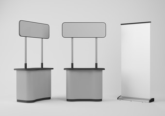 POS Booth Isolated On White. Promotional Stand in Supermarket With Blank Banners.  3D rendering