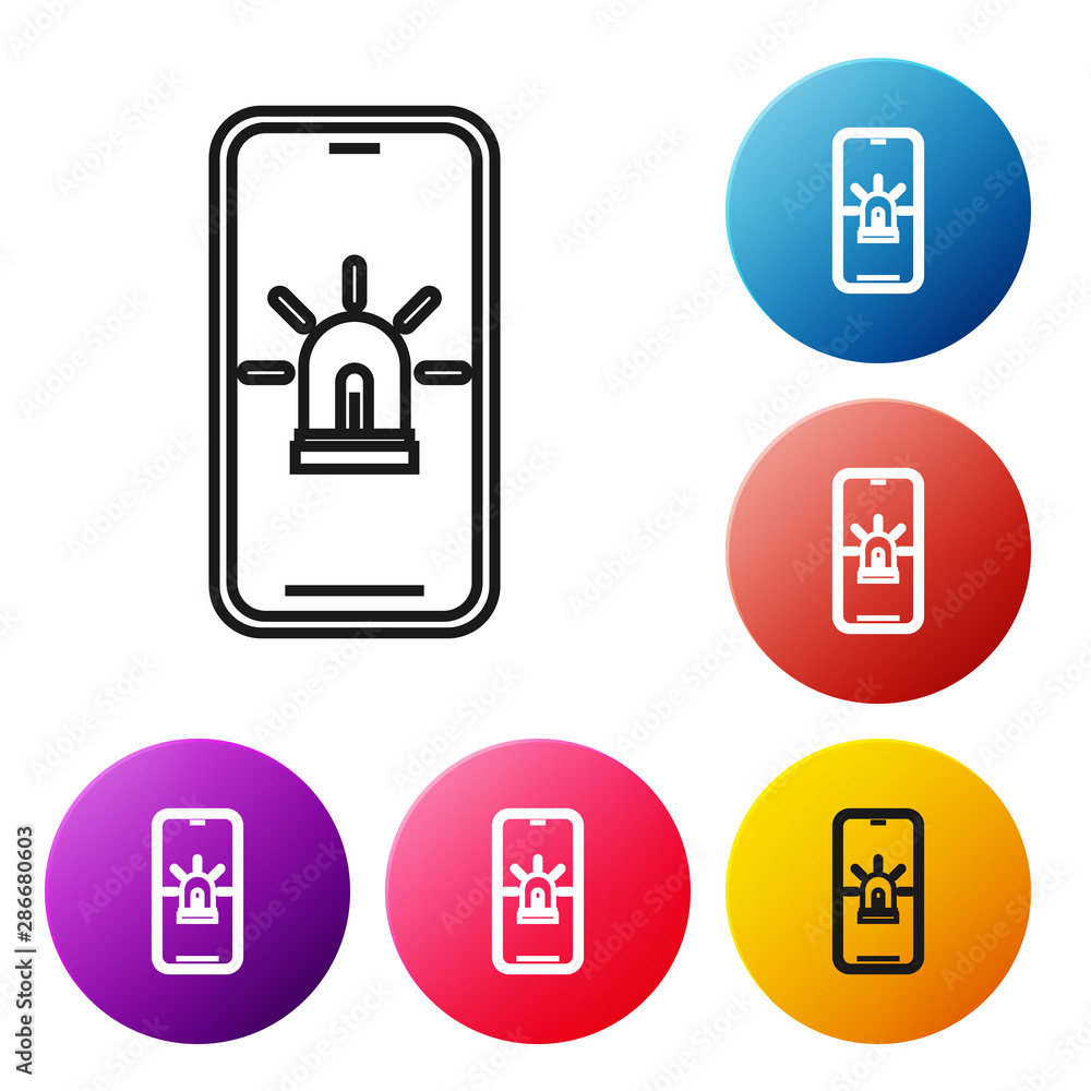 Poster black line mobile phone with smart house and alarm icon isolated on white background. security syste