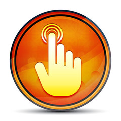 Hand cursor click icon shiny bright orange round button illustration