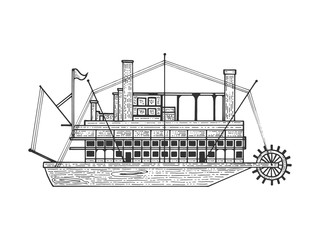 Vintage steam ship boat sketch engraving vector illustration. Tee shirt apparel print design. Scratch board style imitation. Hand drawn image.