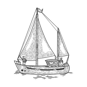 recommend clip art: Vintage sailing yacht boat sketch engraving vector illustration. Tee shirt apparel print design. Scratch board style imitation. Hand drawn image.