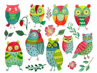 Naklejka premium Set of watercolor owls