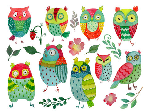 Set of watercolor owls