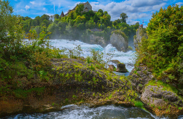 At the Rhine Falls in Switzerland. - There are much bigger waterfalls, but this "small" waterfall has something fascinating for many visitors because of the castle above and the forest around it.