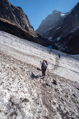Fototapeta na wymiar Trekker on the way to Annapurna base camp. Nepal