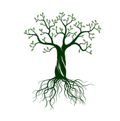 Tree on white background with Roots. Vector Illustration and concept pictogram.