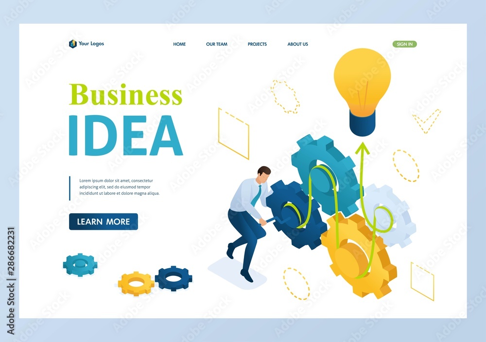 Poster entrepreneur develops a business idea twists gears. concept of creating a business idea. 3d isometri