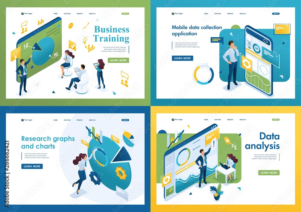 Poster set of isometric concepts business training, mobile app, graphs and charts, data analysis. for landi