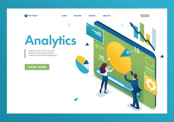 Young entrepreneurs are working with a chart on a tablet. Concept of data Analytics. 3d isometric. Landing page concepts and web design