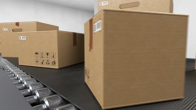 Beautiful Parcels Moving on Conveyor Belt System Seamless. Cardboard Boxes with QR Code Transportation in Delivery Service Looped 3d Animation. Logistics Concept. 4k Ultra HD 3840x2160.