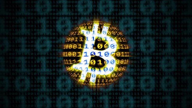 Loopable: Bitcoin cryptocurrency public domain logo animated with randomly changing binary digits on a shiny spinning sphere.